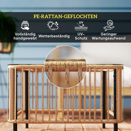 Tuintafel van polyrotan, 65 x 65 x 43 cm, weerbestendige bijzettafel, vierkante terrastafel met glazen blad, salontafel, balkontafel, tuinmeubelen voor tuin, terras, balkon, natuurlijk hout Aosom