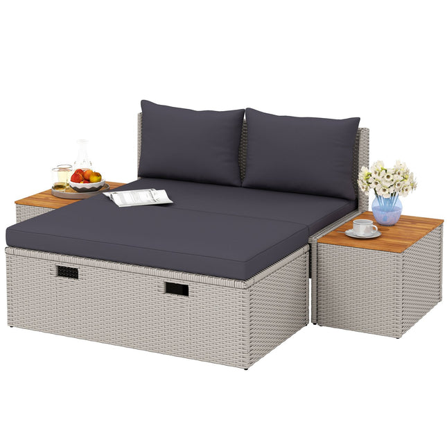 Double sun lounger, weatherproof gray poly rattan with umbrella hole