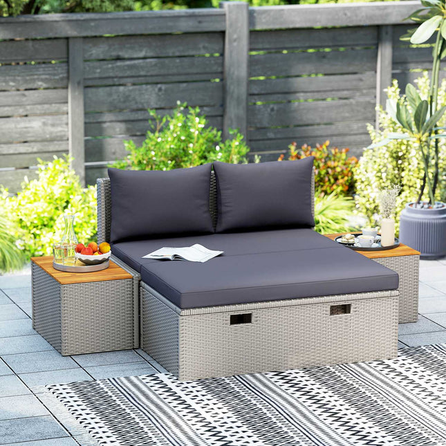 Double sun lounger, weatherproof gray poly rattan with umbrella hole