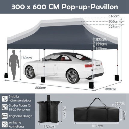 Pop-Up Canopy Tent, 300x600cm, Adjustable Height