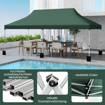 Pop-Up Canopy Tent 300x600 cm, Adjustable Height, Green