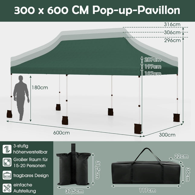 Pop-Up Canopy Tent 300x600 cm, Adjustable Height, Green