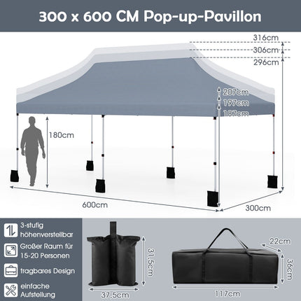 Pop-Up Canopy Tent 300x600 cm, Adjustable Height, Grey