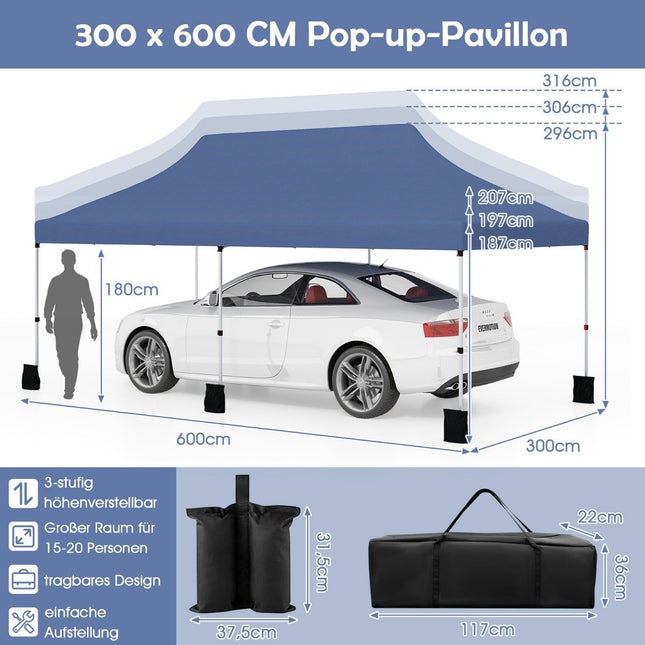 Pop-Up Canopy Tent 300x600 cm, Blue, Adjustable Height