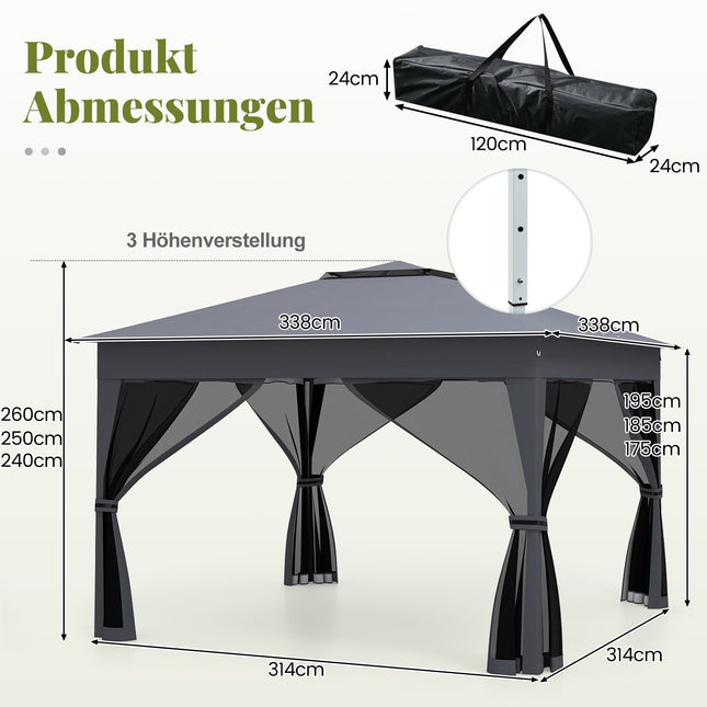 Pop Up Canopy Tent with Mesh Sides, 337x337cm, Gray