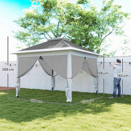 Pop-Up Garden Pavilion, Metal Frame, Grey, 330x330x288 cm