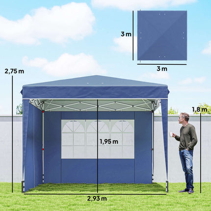 Pop-Up Gazebo 3x3m, Waterproof, Adjustable Height, Blue
