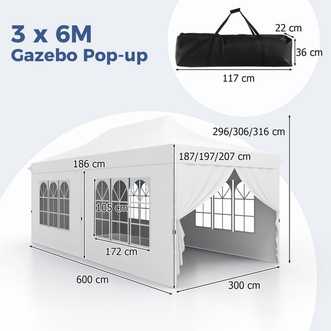 Pop-Up Gazebo 3 x 6 m, 6 Sidewalls, Zippered Doors