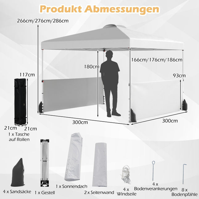 Pop-Up Pavilion 3x3m with Sides, Bag, Wind Ropes, White
