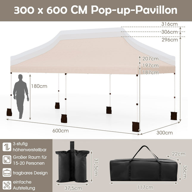 Pop-Up Pavilion 3x6m, Adjustable Height, Beige, UV Protection