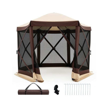 Pop-Up Pavilion for 4-6 People with 6 Mosquito Nets, Zippered Door, Brown