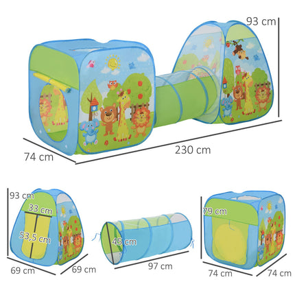 Children's play tent with 3-part folding tunnel, polyester fabric