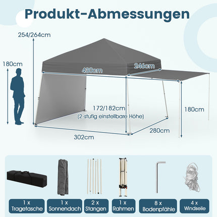 Pop-up Pavilion Tent, 430x280cm, Convertible Sides, Grey