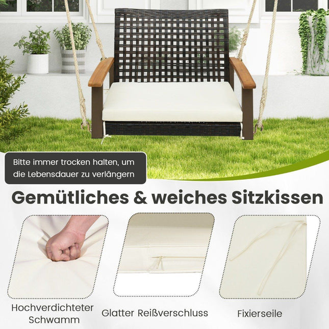 Porch swing made of rattan single hanging seat made of wicker with seat cushion 81.5 x 70 x 53.5 cm