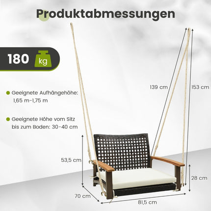 Porch swing made of rattan single hanging seat made of wicker with seat cushion 81.5 x 70 x 53.5 cm
