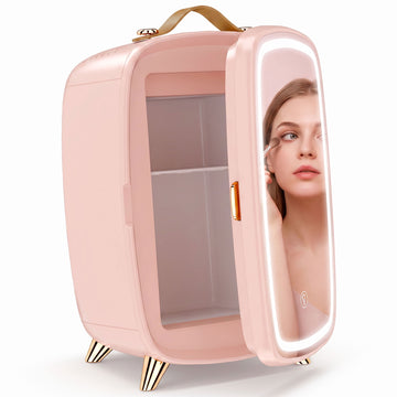 Portable 6L Pink Mini Fridge with LED Mirror for Cosmetics