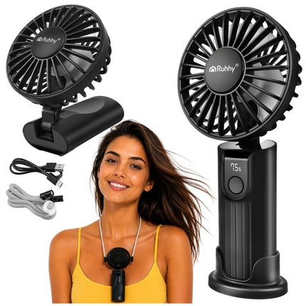 Portable Black Handheld Fan, USB-C, 2400mAh Battery