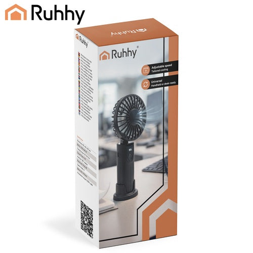 Portable Black Handheld Fan, USB-C, 2400mAh Battery