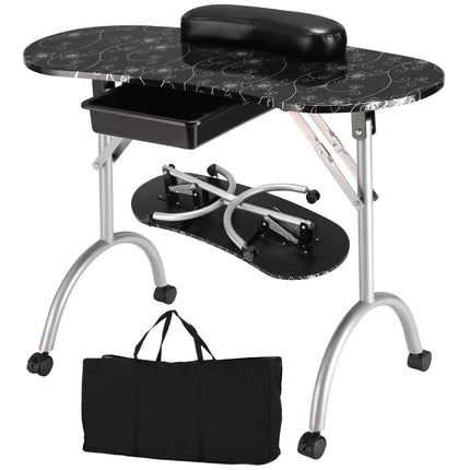 Portable Black Manicure Table with Drawer & Wheels