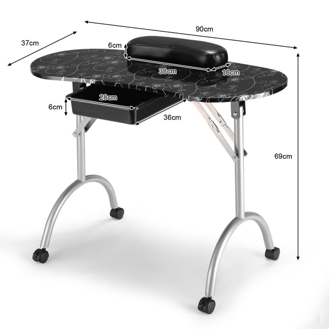 Portable Black Manicure Table with Drawer & Wheels