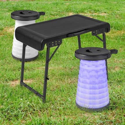 Portable Camping Table with 2 LED Stools, Adjustable Height