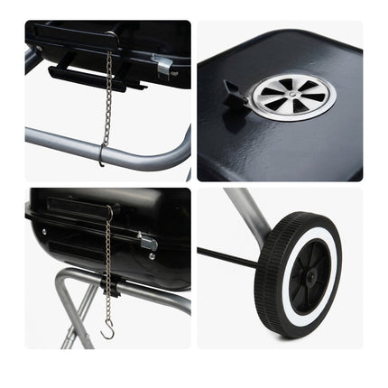 Portable Charcoal BBQ with Lid & Wheels, Black Steel
