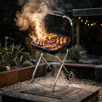 Portable Charcoal BBQ with Lid & Wheels, Black Steel