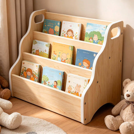 Portable Children's Bookcase – Natural Wood, 3-Tier MDF