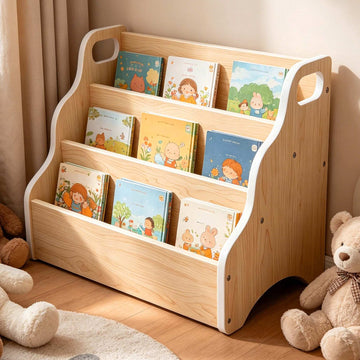 Portable Children's Bookcase – Natural Wood, 3-Tier MDF