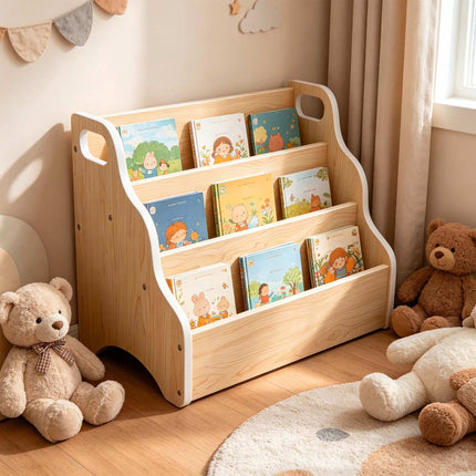 Portable Children's Bookcase – Natural Wood, 3-Tier MDF