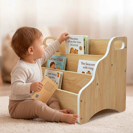 Portable Children's Bookcase – Natural Wood, 3-Tier MDF