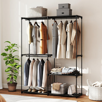 Portable Clothes Rack, Metal Frame, Fabric Shelves, Black