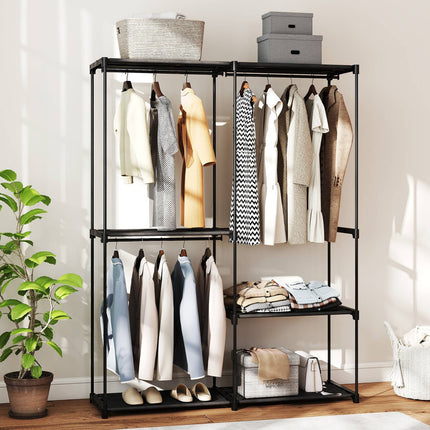 Portable Clothes Rack, Metal Frame, Fabric Shelves, Black