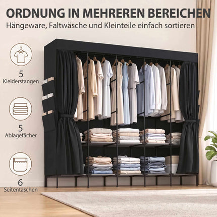 Portable Fabric Wardrobe, Dustproof, 5 Rods, Black, 212x45x167 cm
