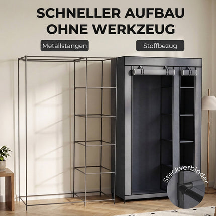 Portable Fabric Wardrobe with Hanging Rail & 5 Shelves, Grey