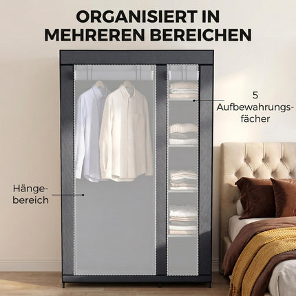 Portable Fabric Wardrobe with Hanging Rail & 5 Shelves, Grey