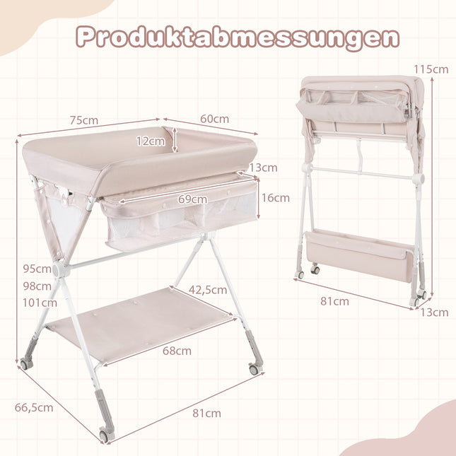 Portable Folding Changing Table with Adjustable Height & Lockable Wheels