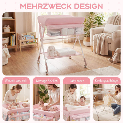 Portable Folding Changing Table with Adjustable Height & Lockable Wheels