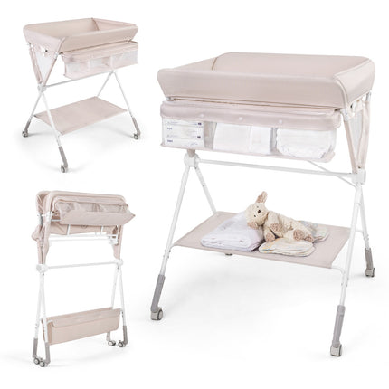 Portable Folding Changing Table with Adjustable Height & Lockable Wheels