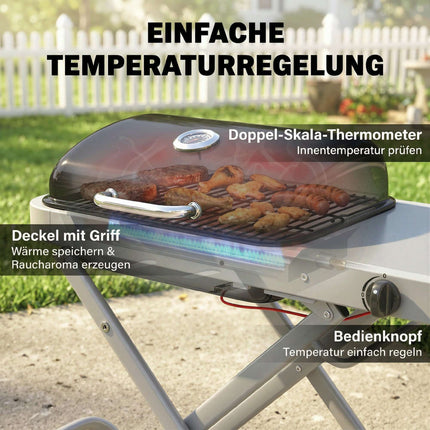 Portable Gas Grill with 1 Burner, Foldable Cart, Thermometer