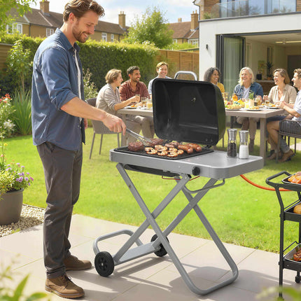 Portable Gas Grill with 1 Burner, Foldable Cart, Thermometer