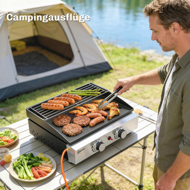 Portable Gas Grill with 2 Burners, Ceramic Coated Grate