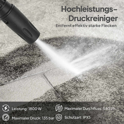 Portable Pressure Washer, 1800W, 135 Bar, Adjustable Nozzle