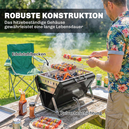 Portable Stainless Steel Charcoal Grill, Folding Legs, 40x28x25.5 cm