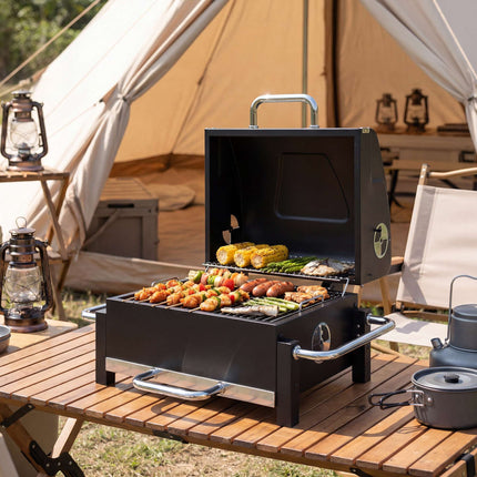 Portable Steel Charcoal Grill with Lid and Thermometer