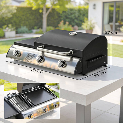 Portable Tabletop Gas Grill, 3 Burners, Enamel Grates
