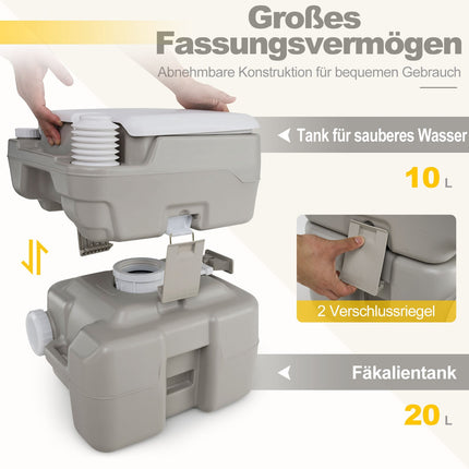 Portable Toilet with 20L Waste Tank, Pump & Funnel, Gray