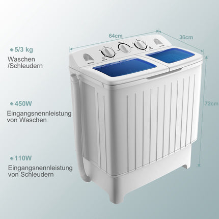Portable Twin Tub Washing Machine, 5kg Wash 3kg Spin