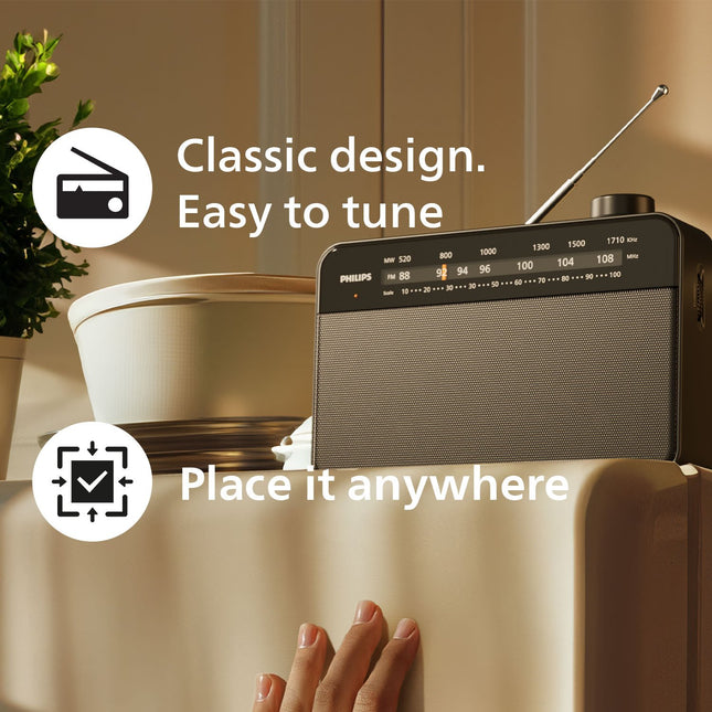 Portable analog FM/MW radio TAR2509. Mains or battery powered.