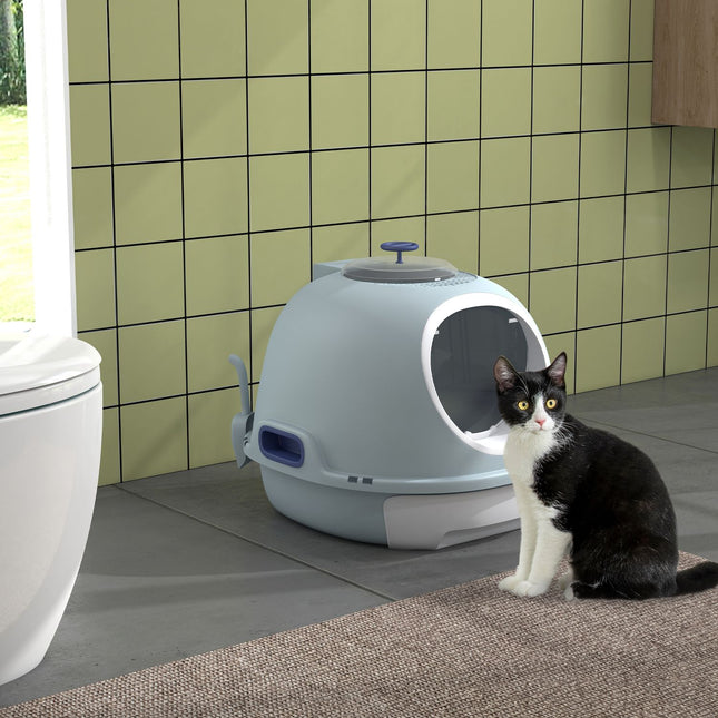 Portable cat litter box, skylight and scoop, sea blue